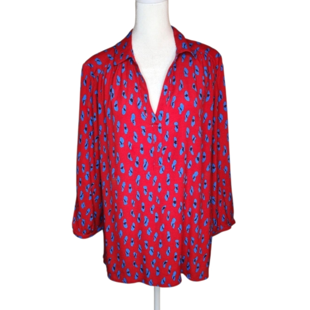 Ba&sh Caspar Popover Blouse Red and Blue Print Size Large/ US 10